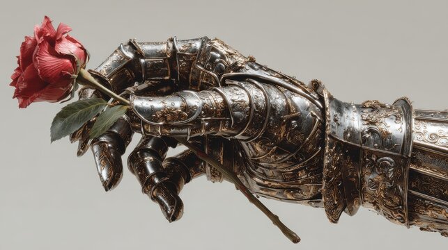 Knight's gauntlet holding a single red rose on a white background, detailed armored hand gripping a vibrant flower for romantic and medieval-themed designs.