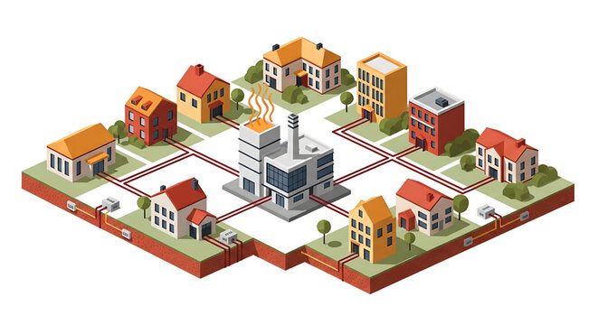 Isometric illustration of a district heating system with a central power plant supplying heat to residential buildings through an underground pipeline network