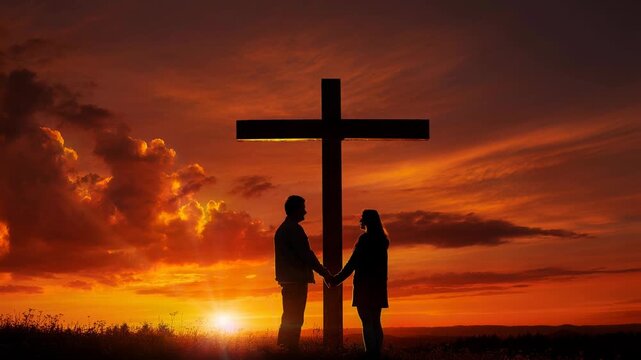 Silhouette of couple holding hands near cross at sunset with dramatic orange sky and clouds