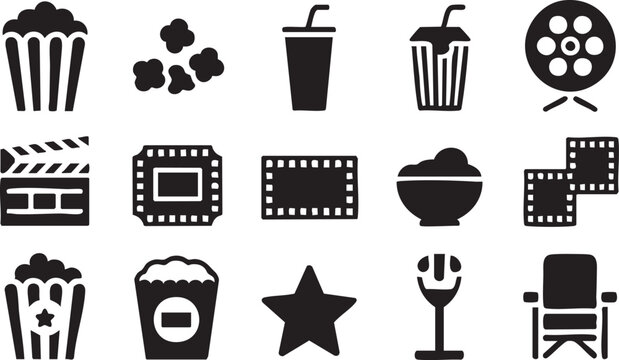 Cinema icons in black and white minimalist style for film and entertainment branding