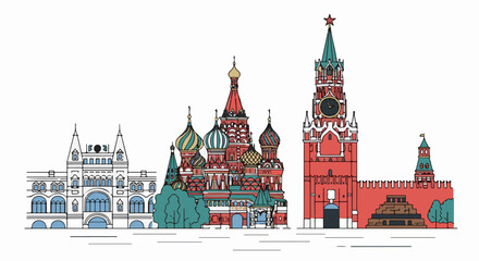 Fototapeta premium Stylized Moscow skyline featuring iconic buildings with domed and tower structures