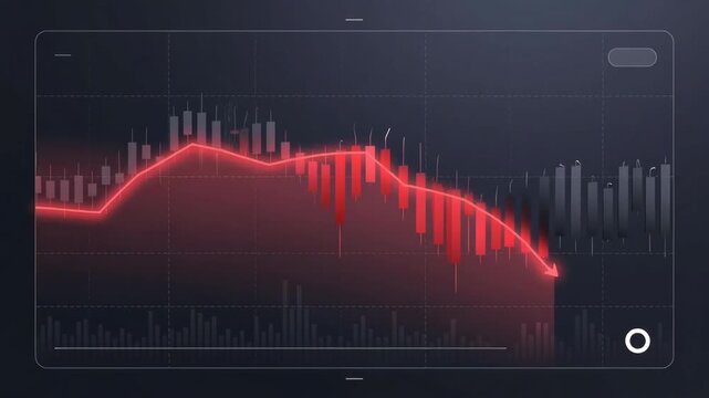 Glowing red market trend line over candlestick chart in a futuristic style on a dark backdrop, illustrating financial volatility