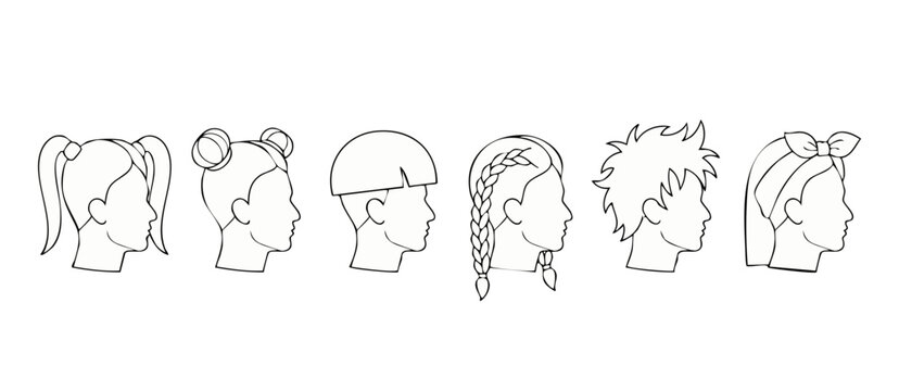 Hairstyle collection set with diverse haircuts and profile heads, simple line art illustrations of women and men hair styles for beauty salon, barber shop, fashion design, and grooming reference guide