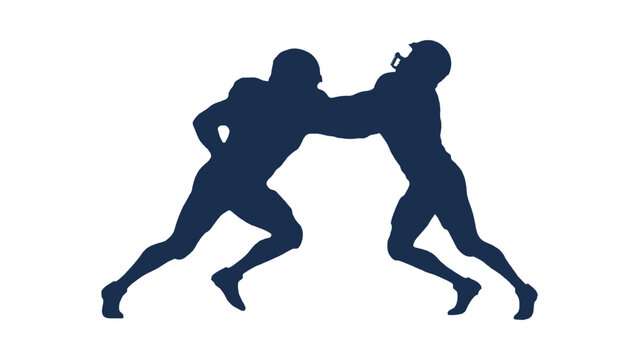 Two athletes engaged in a vigorous defensive struggle on a field representing the competitive spirit and physical exertion inherent in athletic competition and team sports