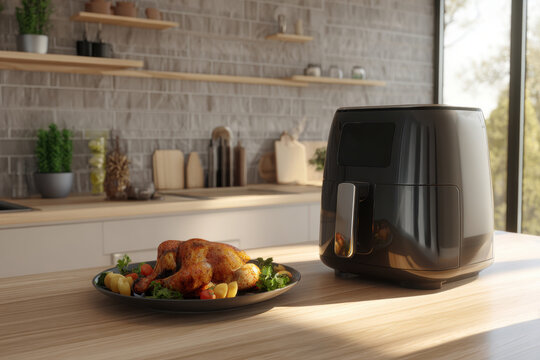 Golden-brown roasted chicken with air fryer in modern kitchen