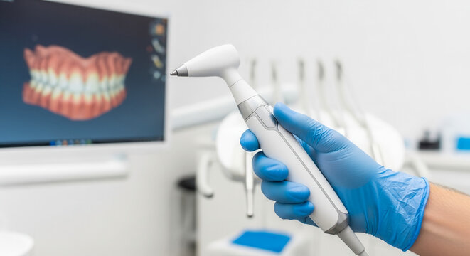 Gloved Caucasian hand holding dental intraoral scanner in clinic, digital dentistry and ergonomic device in modern healthcare