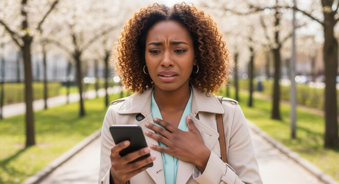 African-American woman reading message with betrayal expression in spring urban park, emotional shock and relationship issues