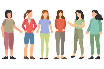 Fototapeta premium Group of Women Standing Together Wearing Casual Clothes Illustration