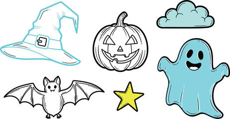Fototapeta premium Cute Halloween Icon Set with Witch Hat, Pumpkin, Ghost, Bat, Star and Cloud for Holiday and Seasonal Celebration Designs