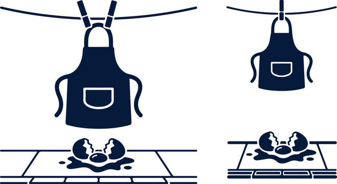 Aprons hanging on clothesline with cracked eggs on tables below, illustrating cooking mishap or kitchen cleanup vector graphic.
