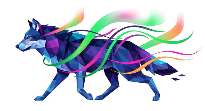 Low poly geometric wolf illustration with vibrant flowing colorful ribbons