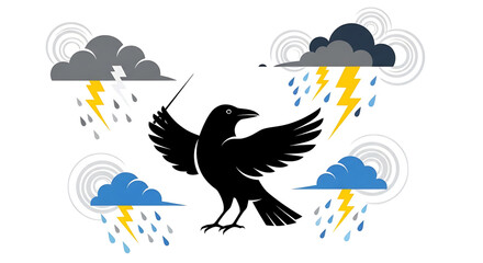 Naklejka premium A black raven bird conducting a storm with lightning and rain clouds