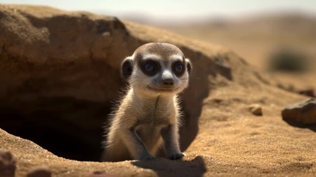 Curious Young Meerkat Scout Standing Guard Amidst Rocky Desert Terrain With Attentive Gaze