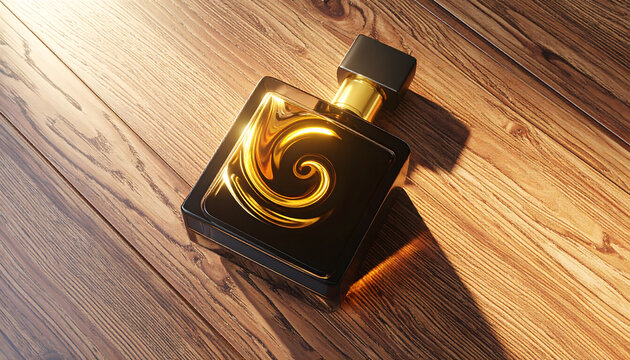 Night Luxury Gold: Top down shot rectangular dark glass perfume bottle gold accent golden light luxurious elegant mood wooden background surface