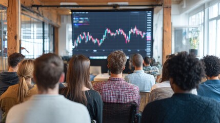Obraz premium Attendees face a screen displaying financial data during a presentation. Natural light fills the space, with a focus on audience backs