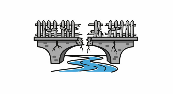 A broken stone bridge with a wooden fence and a flowing river below