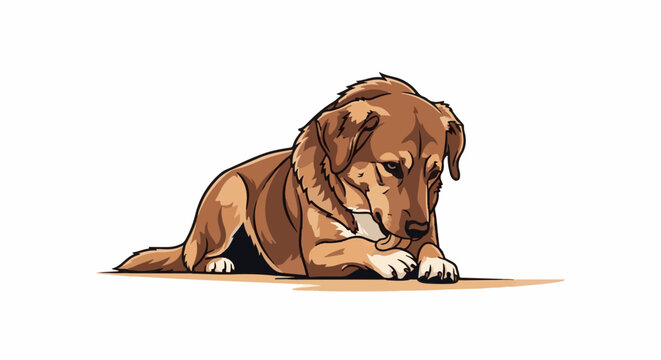 A brown dog lies down, nibbling on its paw with a relaxed posture