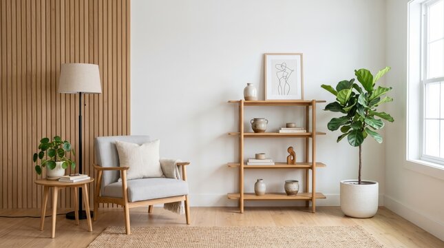 Modern living room interior with a comfortable gray armchair, wooden shelving unit, floor lamp, and a large fiddle leaf fig plant against a slatted wood accent wall