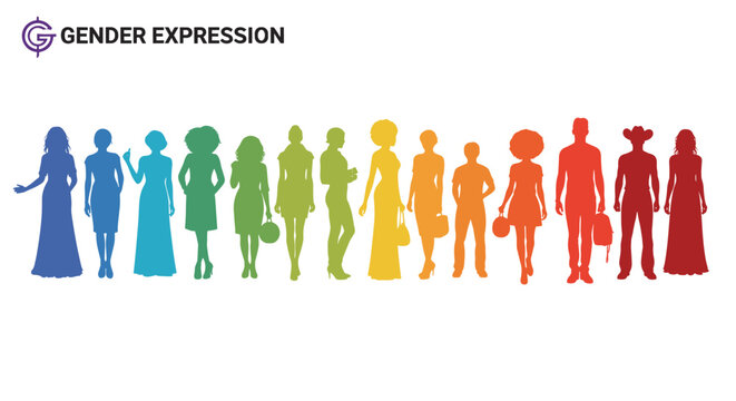 Diverse group of people silhouettes in rainbow colors representing gender expression and identity, Generative AI.