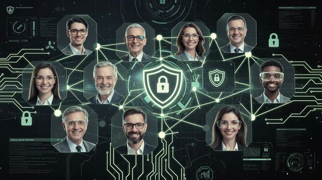 Futuristic network of diverse professionals connected through advanced cybersecurity systems in a modern digital environment
