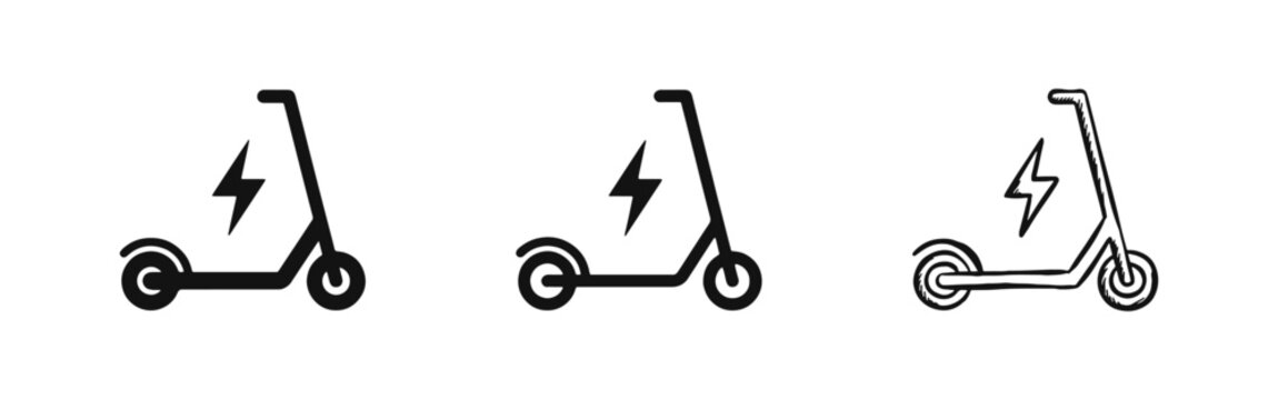 Electric Scooter Icon Set for Eco-Friendly Transportation in Solid, Outline, and Hand-Drawn Styles