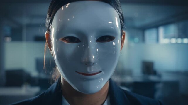 Person wearing a white expressionless mask in modern office environment with mysterious atmosphere