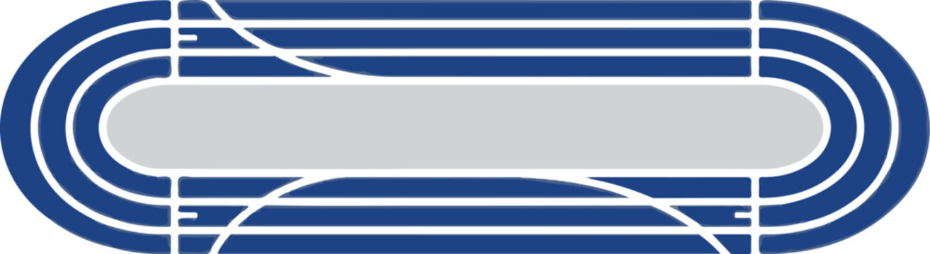 A blue and grey athletic track with white lane markers and oval center