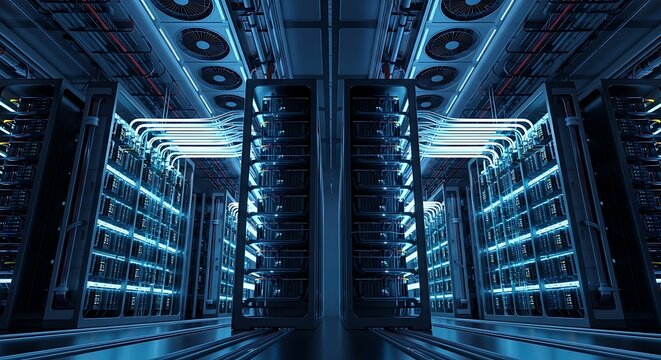 Rows of servers and cooling fans in a data center with blue lighting server room technology computer hardware database information infrastructure electronic