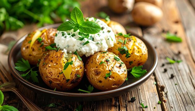 Pellkartoffeln mit Kr&auml;uterquark rustikal serviert
