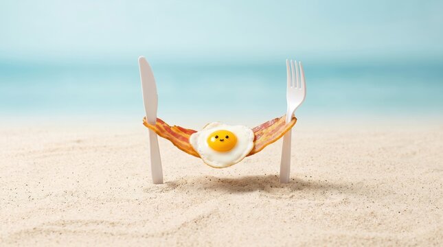 A cute fried egg with a happy face relaxing in a bacon hammock strung between a plastic knife and fork on a sandy beach with a blue ocean background