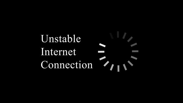 High quality 4K video animation of unstable internet connection message with grey buffering loading icon and spinning wheel on black background for web errors and network issues.