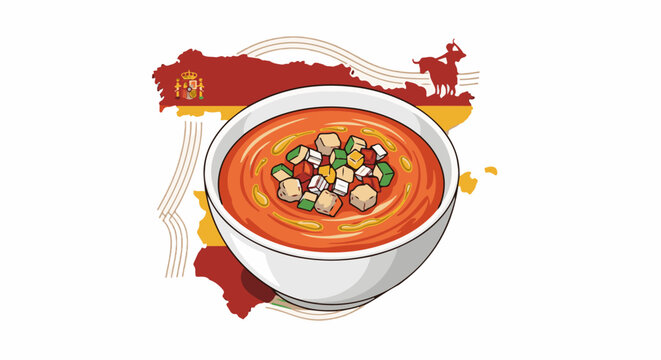A bowl of gazpacho soup rests on a map of Spain, with a horse rider silhouette