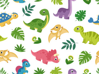 Naklejka premium Cartoon children dinosaur pattern. Cute prehistoric animals and plants seamless wallpaper on white background. Cute kids wallpaper.