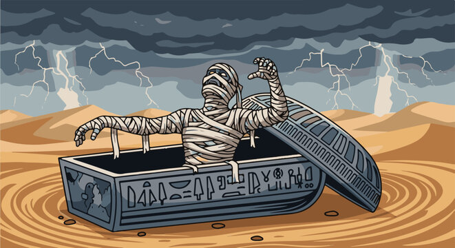A bandaged mummy emerges from a sarcophagus in a desert during a lightning storm