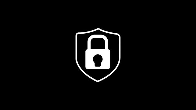 Modern security shield with white color lock icon on black background, security shield icon with a pad lock symbol appearing inside isolated, with 4k video animation.