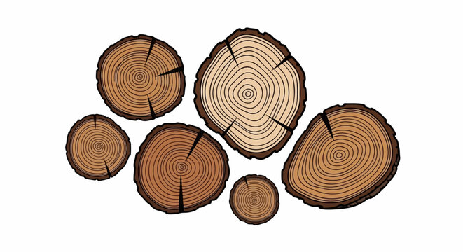 A collection of seven distinct, stylized tree trunk cross-sections