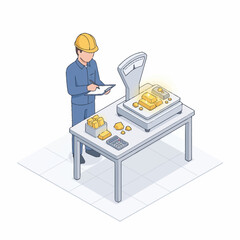 Worker Weighing Gold Bars and Coins on a Scale. © karina