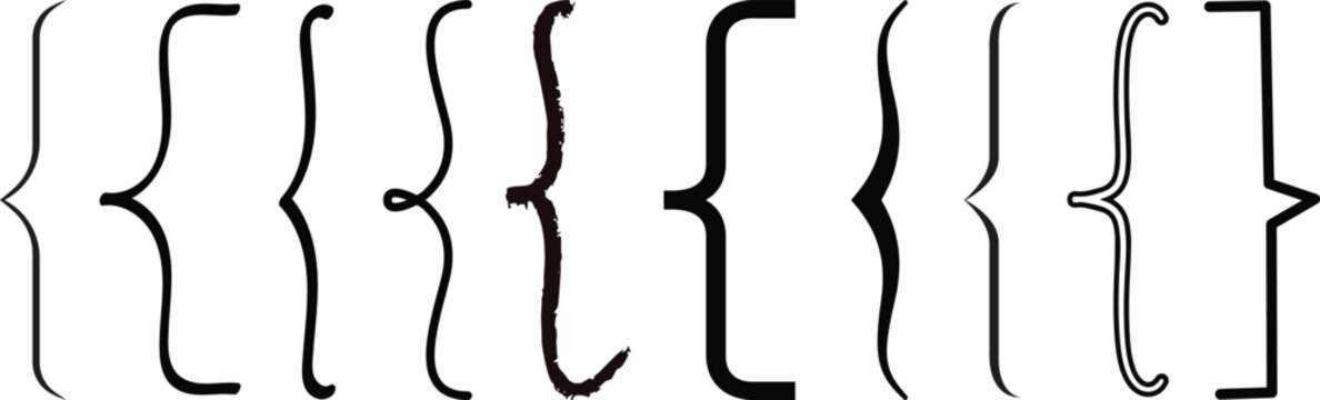 braces or curly brackets icon set, Black bracket . vector of Text brackets design. Icons vintage typography symbol. Thin signs of typography symbol. Pixel perfect, Hand drawn braces, punctuation mark.