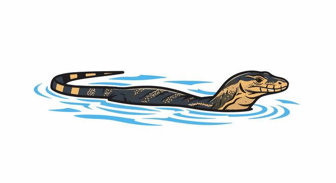 A cartoonish lizard with a striped tail swims in blue water