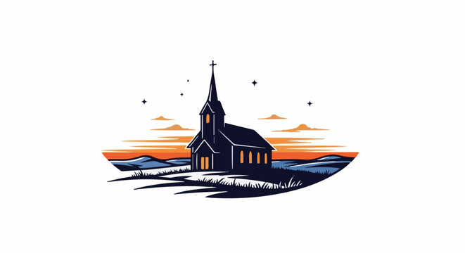 A lone church stands against a twilight sky with stars