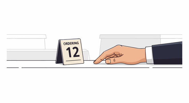A hand in a suit points at a table sign that says "ORDERING 12