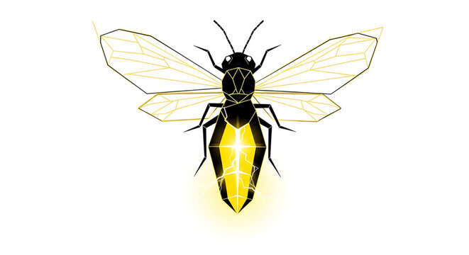 Geometric firefly illustration with glowing abdomen and lightning effect, stylized insect design