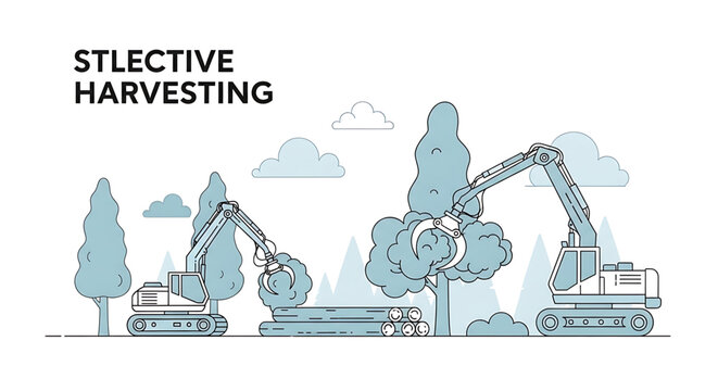 Selective harvesting of trees in the forest, logging industry, forestry equipment, heavy machinery, wood production, sustainable forest management, vector illustration