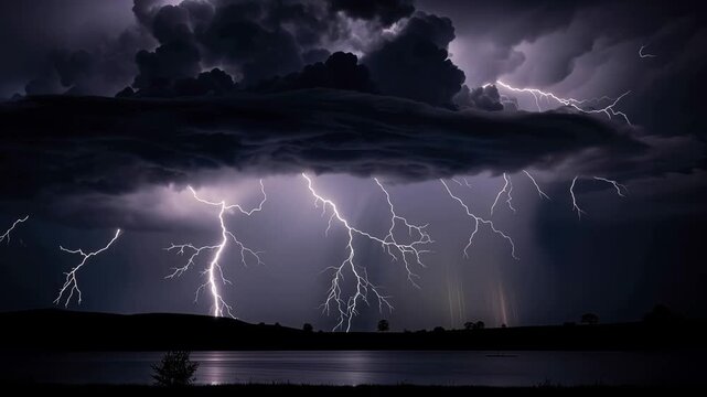 Powerful storm with multiple lightning bolts over dark lake and dramatic clouds at night