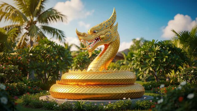Golden serpent statue surrounded by lush tropical garden under blue sky