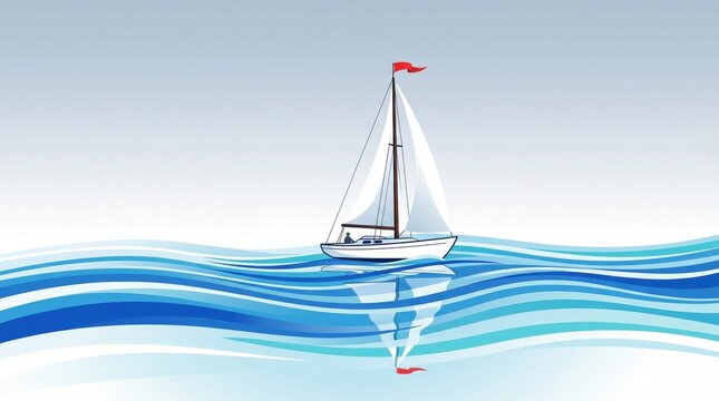 Sailboat on stylized blue ocean waves vector illustration minimalist yacht sailing on water with reflection and red flag