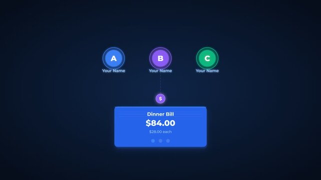 Animated mobile app UI for bill splitting and digital payment