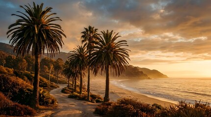 Fototapeta premium Palm trees line a winding beach road at sunset over the ocean.