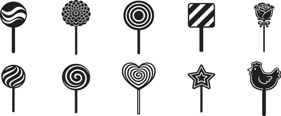 Line art lollipop set with hearts swirls and roses kids coloring book page vector illustration. © Mst.Atina