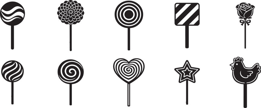 Line art lollipop set with hearts swirls and roses kids coloring book page vector illustration.